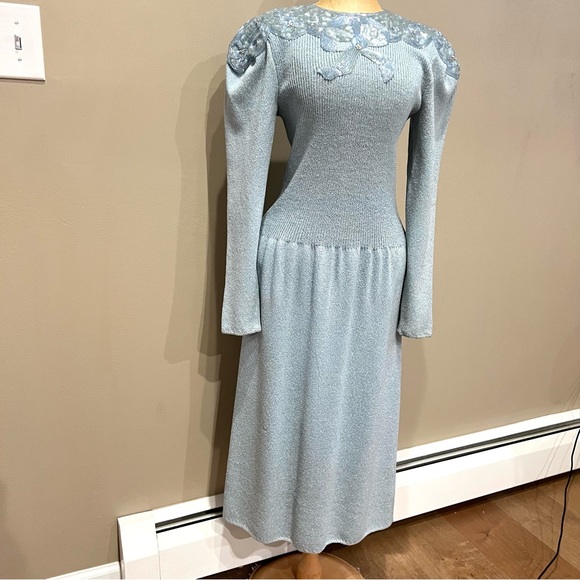 VTG Pat Sandler Wellmore Knit Dress Bow Sequins Blue Long Sheath Midi 6 Dynasty - Picture 2 of 12